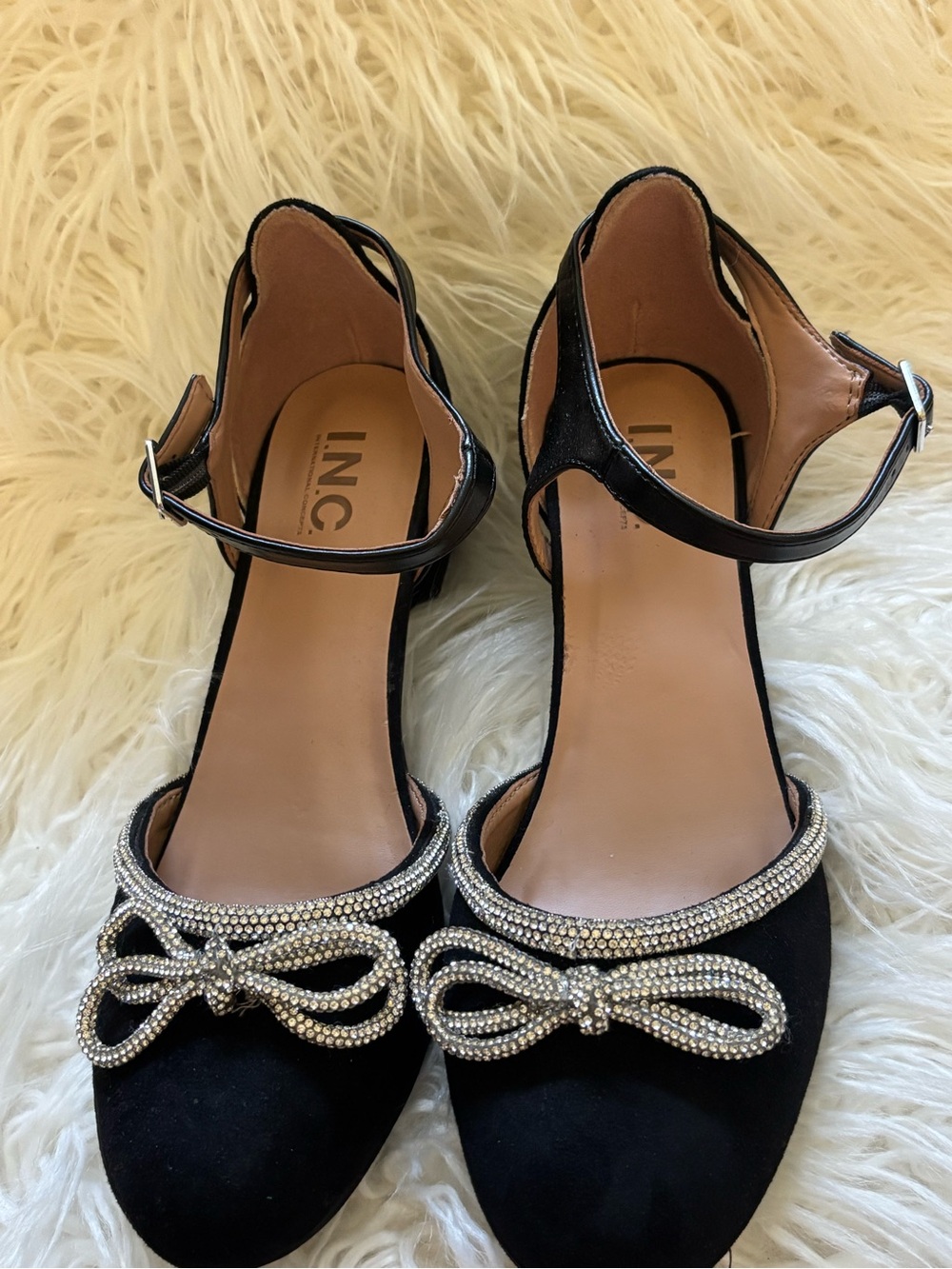 INC International Concepts Black Rhinestone Bow Ankle-Strap Flats